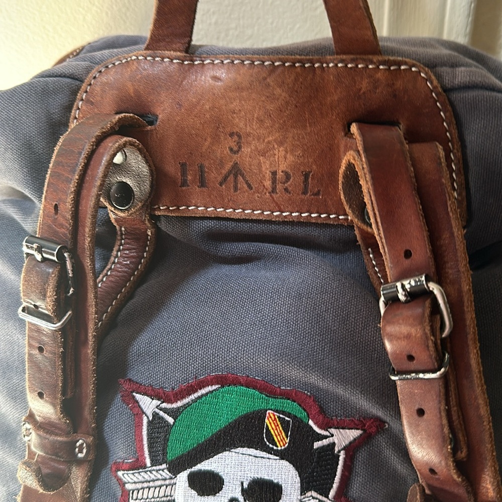 Polo Ralph Lauren RL Co Blue Canvas Brown Leather Backpack with Patches AS IS - Picture 8 of 16